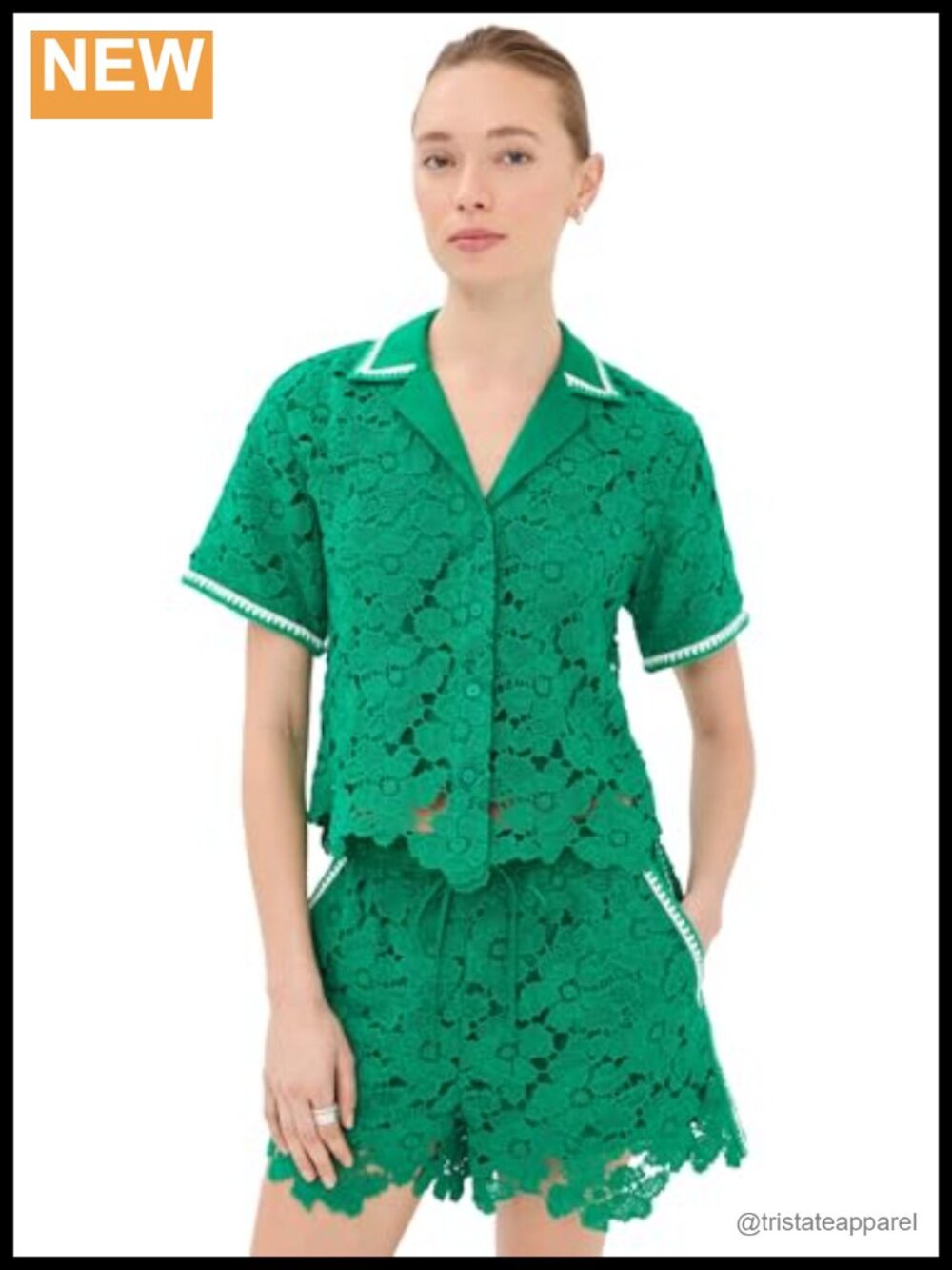 SIMKHAI Glenn Lace Camp Shirt Women's Collared Neck Short Sleeve Button Down